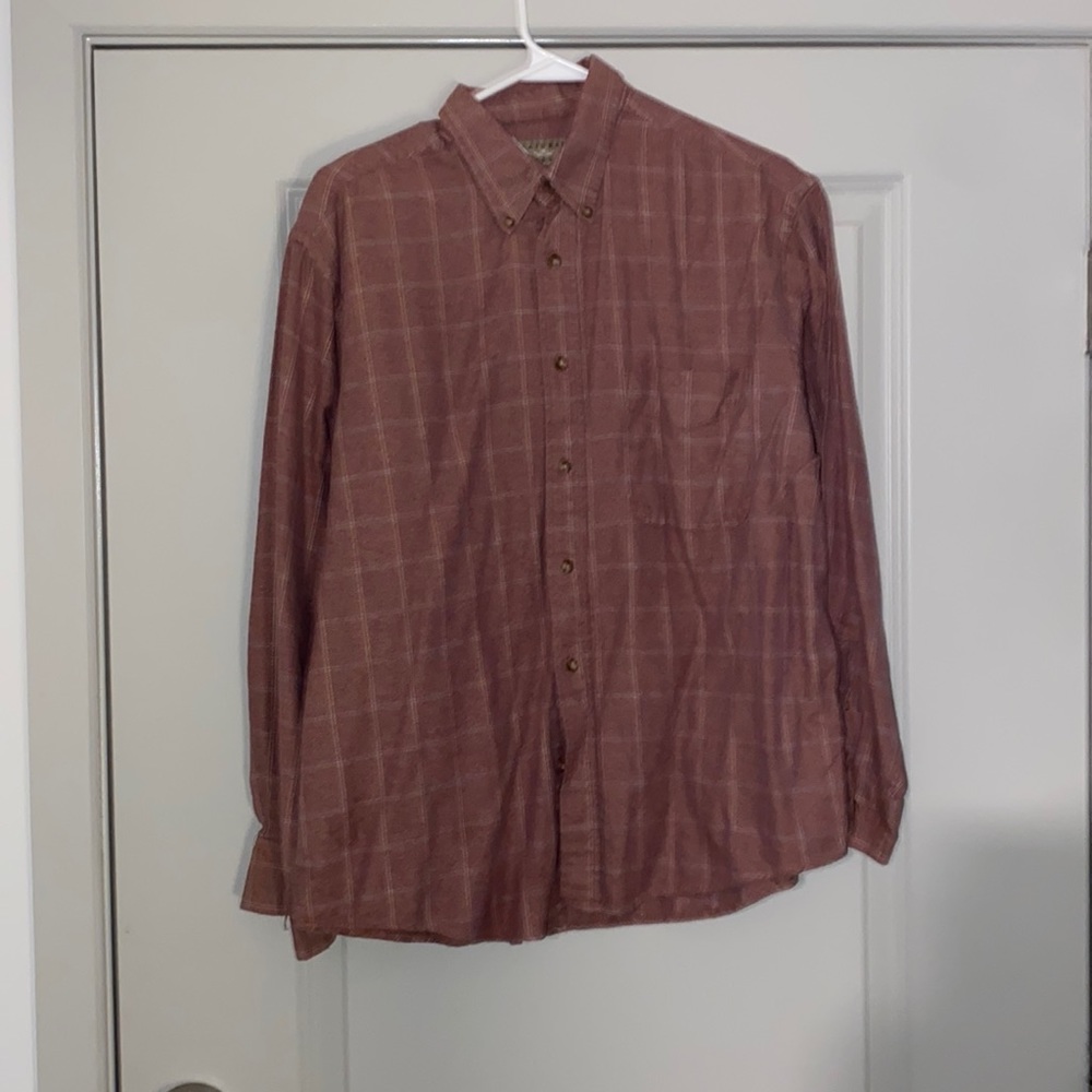 Pale maroon button down shirt with square stripes
